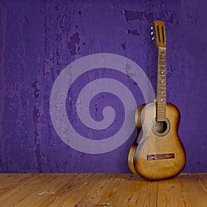 Vintage guitar on grunge background texture