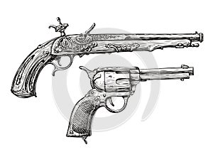 Vintage Gun. Retro Pistol, Musket. Hand-drawn sketch of a Revolver, Weapon, Firearm