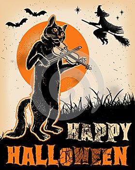 Vintage Halloween Cat Playing Violin Poster.