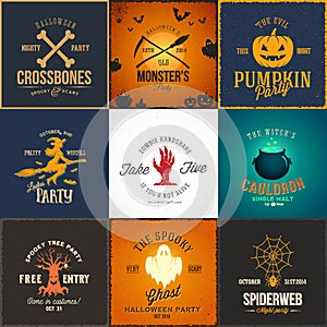 Vintage Halloween Party Vector Cards, Labels or Logos Set. Pumpkin, Ghost, Skull, Bones, Bats and Other Symbols with