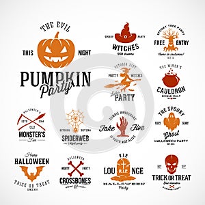 Vintage Halloween Vector Badges or Labels Templates. Pumpkin, Ghost, Skull, Bones, Bats and Other Symbols with Retro