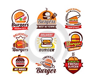 Vintage hamburger logo. Retro grill burger or cheeseburger label, barbecue with beef meat. Bright fast food emblems set