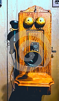 vintage hand-cranked phone on wall. photo