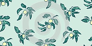 Vintage hand drawing apple tree branches seamless pattern. Vector fruit and leaf on blue background. Graphic grunge ink drawn