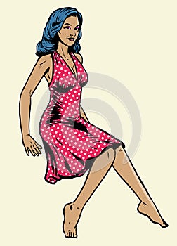 Vintage hand drawing pinup girlwearing polkadot dress