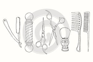 Vintage Hand drawn Barber Shop set in sketch style. Razor, scissors, shaving brush,  comb, classic barber shop Pole. Vector