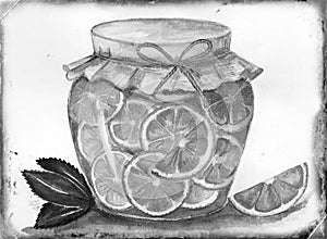 Watercolor illustration of orange jam in glass jar. Organic natural fruits.