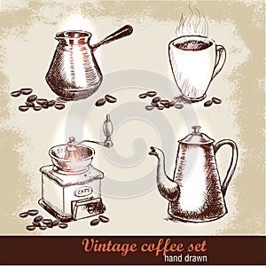 Vintage hand drawn coffee set with coffee beans. Sketch style.