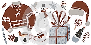 vintage hand drawn cozy winter collection folk art retro christmas elements bundle, christmas sweater, snowman, gift box, mitten
