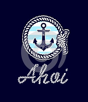 Vintage Hand Drawn Grunge Anchor Illustration with rope lettering Ahoi.