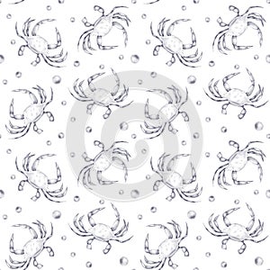 Vintage hand drawn hatch monochrome nautical seamless pattern with crab in water, lobster, pearl, air bubbles. Pattern