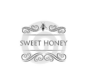 Vintage hand drawn Honey lettering text with bee with flower. Vector illustration.