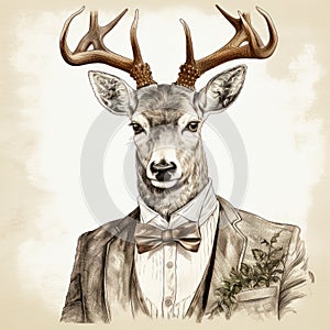 Vintage Hand Drawn Illustration Of A Male Groom Suit With Deer Tiara