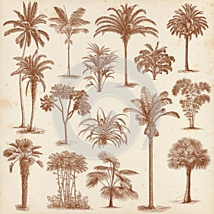 Vintage hand drawn palm trees set