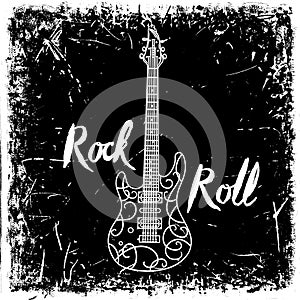 Vintage hand drawn poster with electric guitar and lettering rock and roll on grunge background. Retro vector illustration.