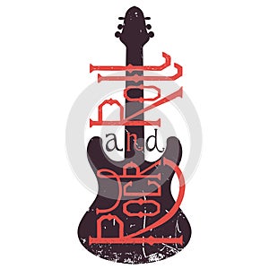 Vintage hand drawn poster with electric guitar and lettering rock and roll on grunge background.