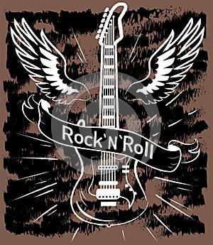 Vintage hand drawn rock n roll poster. Music t shirt design label. Musical tee graphics with emblem
