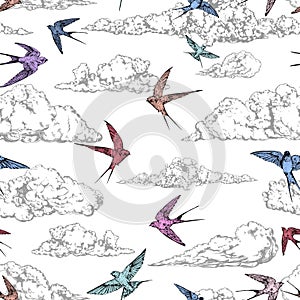 Vintage hand drawn seamless background with clouds pattern and flying swallows
