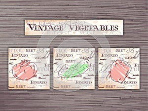 Vintage hand drawn set of vegetables flashcards on wooden backdrop.Tomato, cucumber, pepper