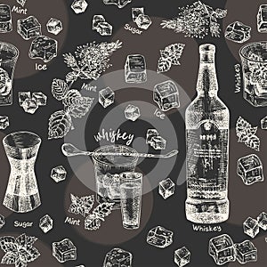 Vintage hand drawn sketch design bar, restaurant, cafe menu on black chalk board background. Seamless pattern. Graphic