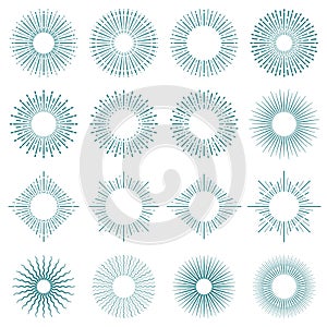 Vintage hand drawn sunbursts vector set. Sunshine with radiant lines retro frames