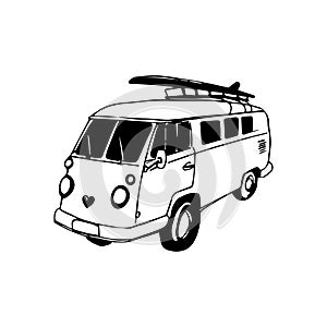 Vintage hand drawn surfing bus sketch. Beach minivan illustration for company, store label, t-shirt print.