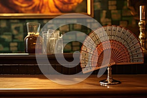 vintage hand fan and a cocktail glass on a wooden bar countertop