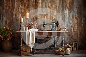 vintage hand-operated sewing machine on rustic table