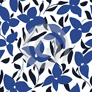 vintage hand painted floral seamless repeating pattern in blue, black and white colours