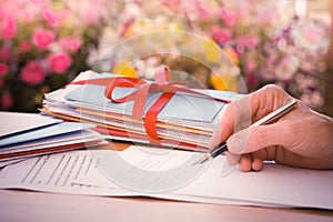 Vintage Hand with Pen Writing Letter by Flowers