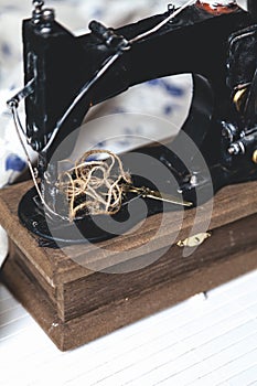 Hand sewing machine closeup