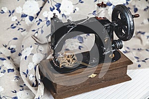Hand sewing machine closeup