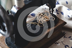 Hand sewing machine closeup