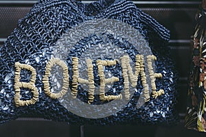 Vintage handmade blue crochet bag with text Boheme photo