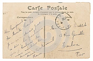 Vintage handwritten postcard mail. Used paper texture