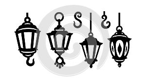Vintage hanging lanterns with hooks classic retro style decorative lighting elements vector illustration