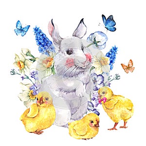 Vintage Happy Easter greeting card with bunny and chickens