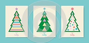 Vintage Happy Holiday covers. Christmas tree set card. Design templates with typography, season wishes in modern minimalist style