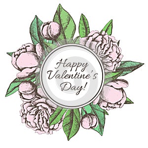 Vintage Happy Valentines Day card with hand drawn botanical peon