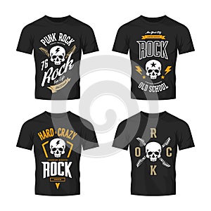 Vintage hard and punk rock vector logo isolated on dark t-shirt mock up.