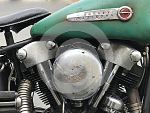 Vintage Harley Davidson Motorcycle Logos and Engine Closeup