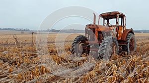 Vintage harvester symbolizes enduring farming tradition with rusted frame and comforting hum photo