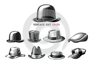Vintage hat collection  hand draw engraving style black and white clipart isolated on white background
