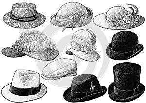 Vintage hat collection illustration, drawing, engraving, ink, line art, vector
