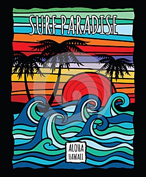 Vintage hawaii aloha surf graphic with ocean waves and palm trees vector t-shirt design photo