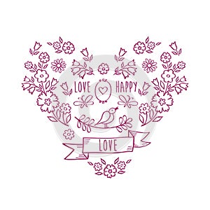 Vintage heart of flowers. Greeting card with hand drawn decorative floral elements.
