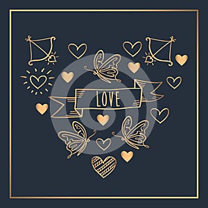 Vintage heart with hand drawn golden elements.