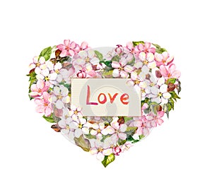 Vintage heart with spring flowers and Love text. Watercolor