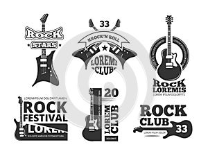 Vintage heavy rock, jazz band, guitar shop, music vector logos and labels set with acoustic guitars