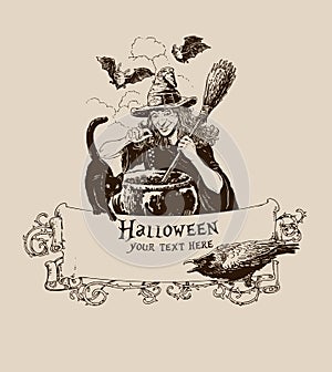Vintage helloween witch making potion poster vector illustration